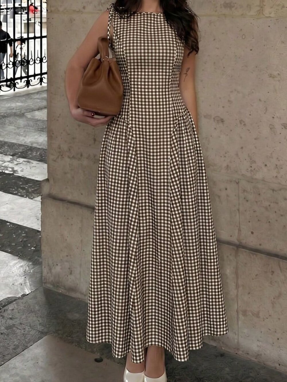 Brown Elegant Women's Sleeveless Plaid Waist-Cinching A-Line Midi Dress - Picture 5 of 8